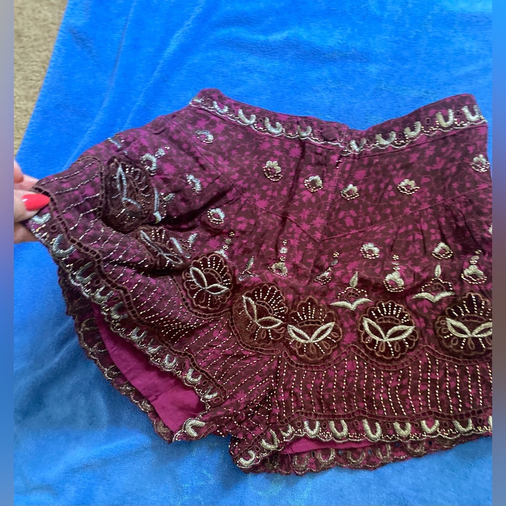 BoHo tribal embroidered beaded festival, mini shorts, burgundy, intricate luxury